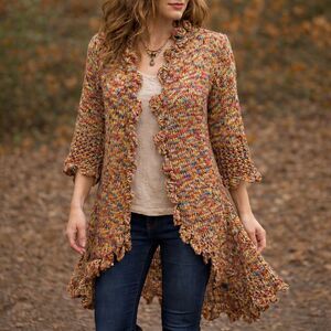 Hand Knit Boho Rainbow Cardigan Ruffle High Low Festival Art Sweater M/L